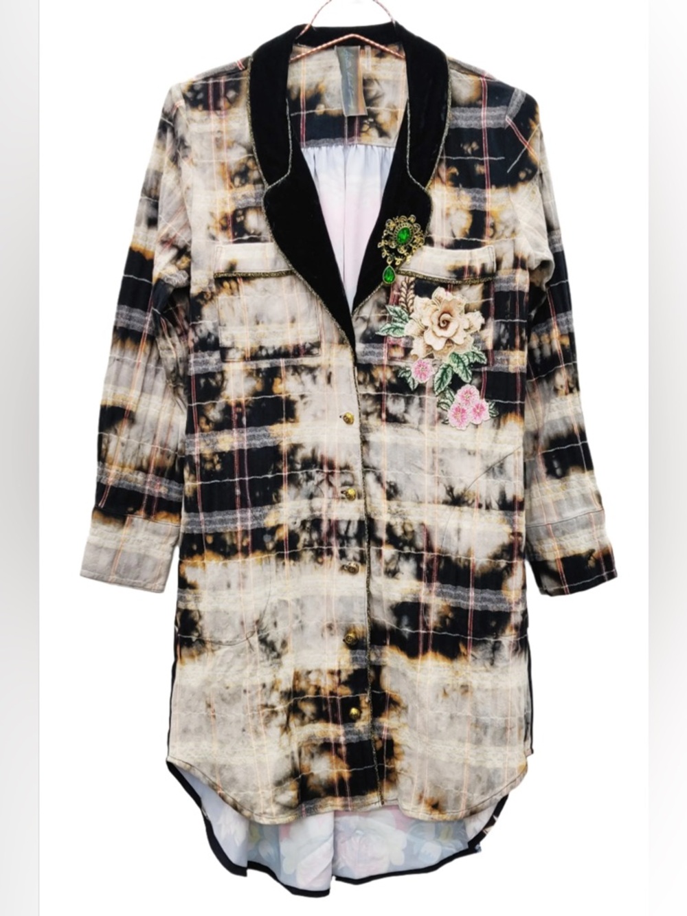 Aratta Queen Rules Shirt Dress Embellished Velvet Collar Oversize Boho Duster XS